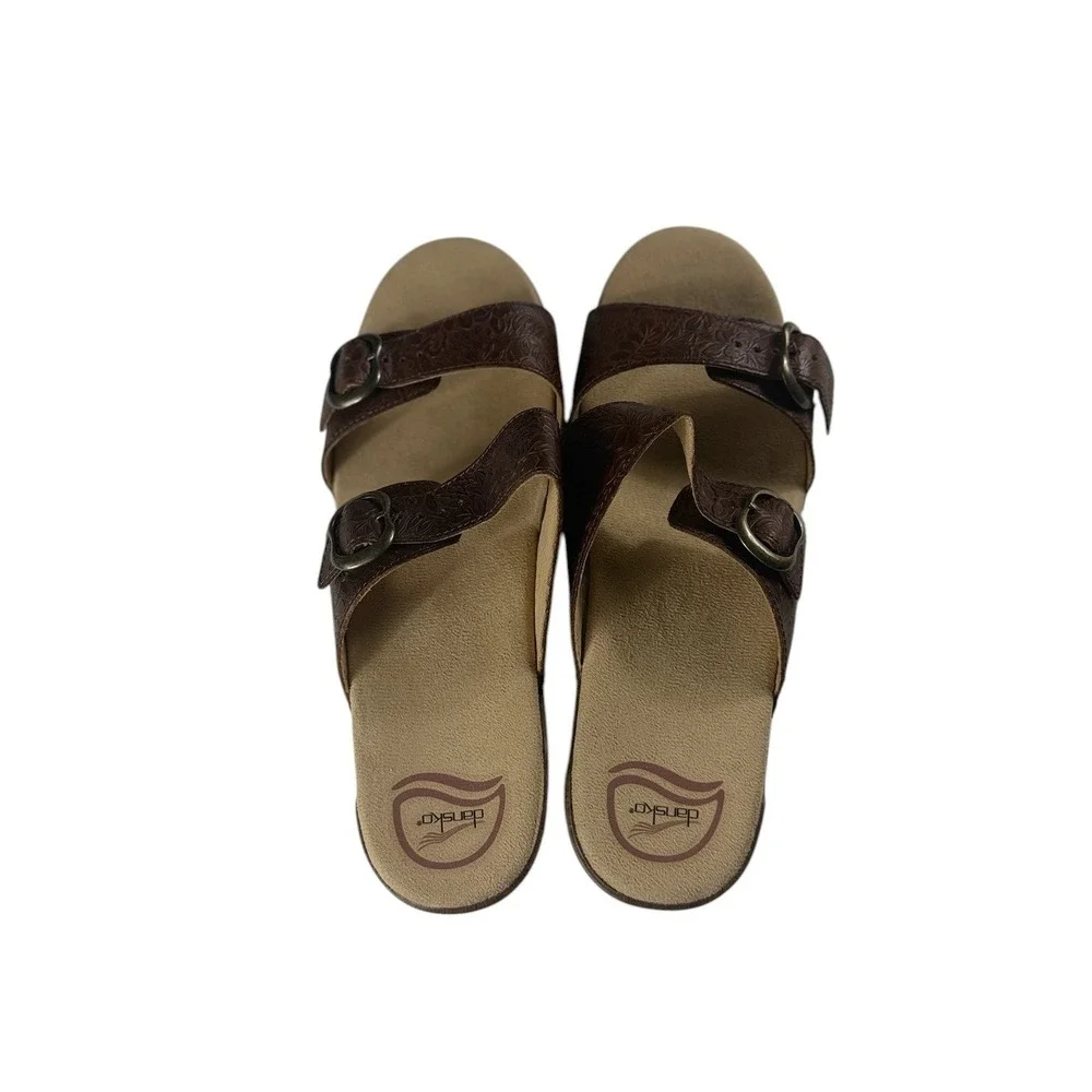 Dansko Sophie Floral Tooled Brown Leather Slide Sandals EU 41 US 10.5